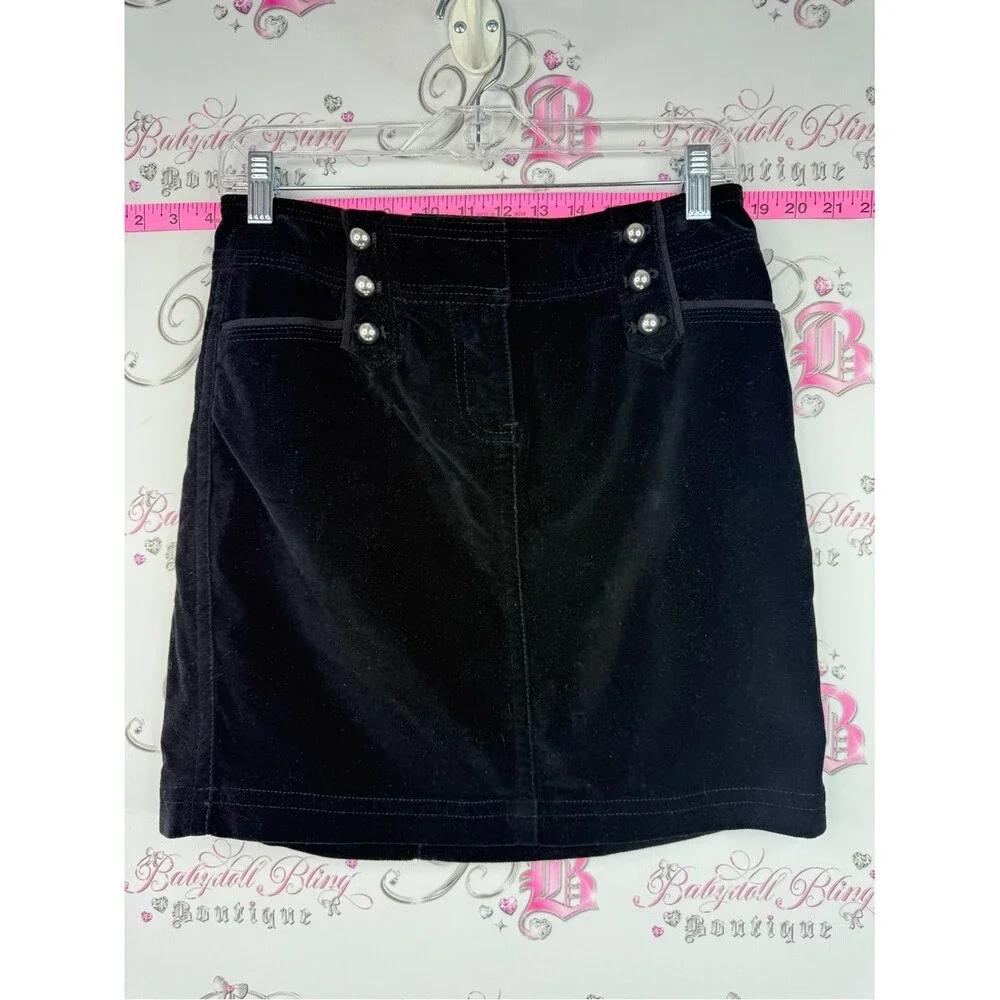 White House Black Market pencil Black Velvet Mini Skirt silver Accent Buttons